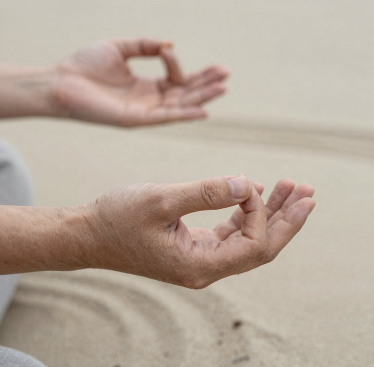 Close-up of weathered hands in a gentle Qi Gong mudra, soft focus background of raked sand, diffused natural light, muted earth tones, shallow depth of field.