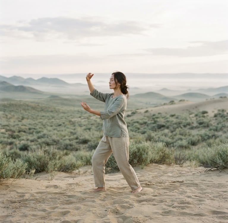 Solitary figure in a graceful Qi Gong posture, hands gently raised, bathed in soft diffused morning light, expansive natural landscape with low horizon, muted sage and sand tones, elegant composition.