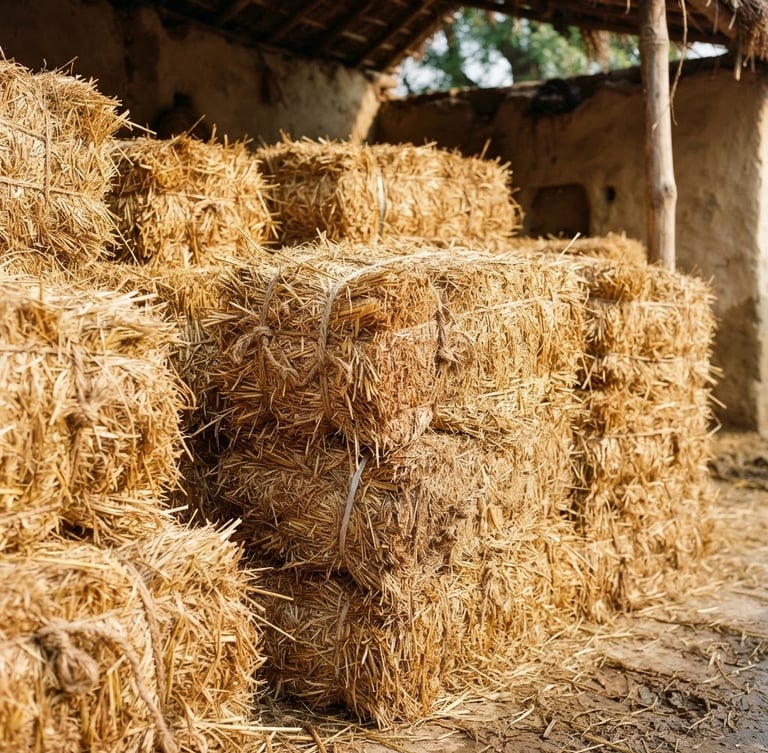 Close-up of dense, golden-brown urea-treated straw blocks stacked in an authentic rural Indian farm setting, bright natural sunlight, 35mm