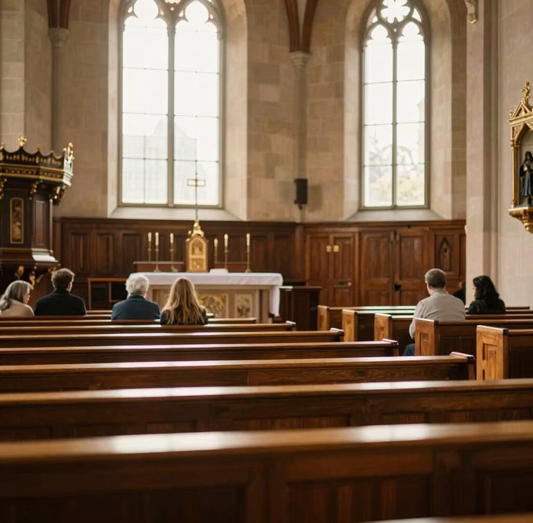 Wide panoramic interior of Evangelische Friedenskirchengemeinde Bonn sanctuary, warm natural light streaming through large windows, empty pews facing an altar, rich wooden details, soft golden-hour light