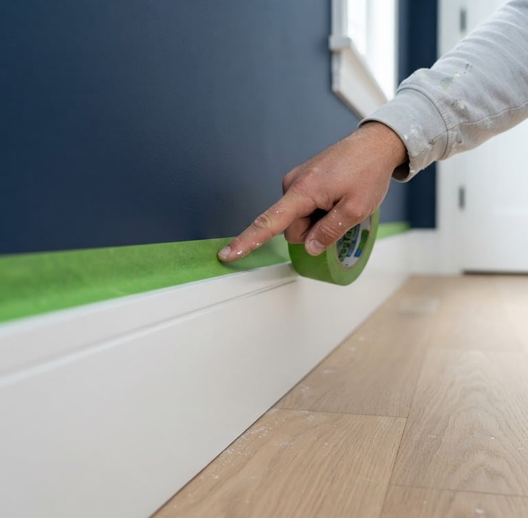 Macro close-up of painter applying crisp green painter tape to a pristine white baseboard, sharp paint lines, bright natural daylight, high-end residential interior