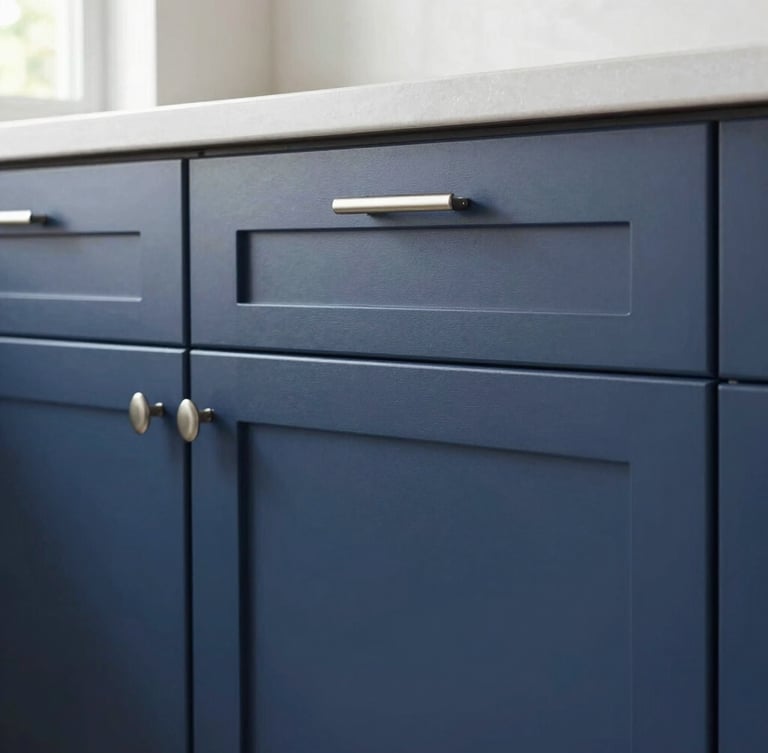 Close-up of a beautifully refinished modern kitchen cabinet door, flawless matte navy finish, clean silver hardware, bright natural light