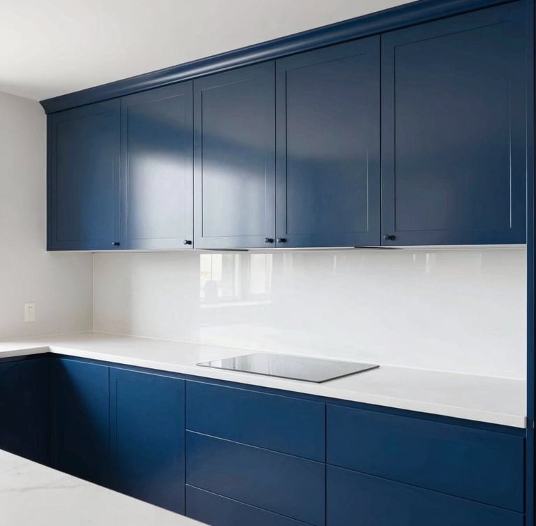 Clean architectural shot of a modern kitchen with freshly sprayed navy blue cabinets, bright natural daylight reflecting off the flawless semi-gloss cured coatings
