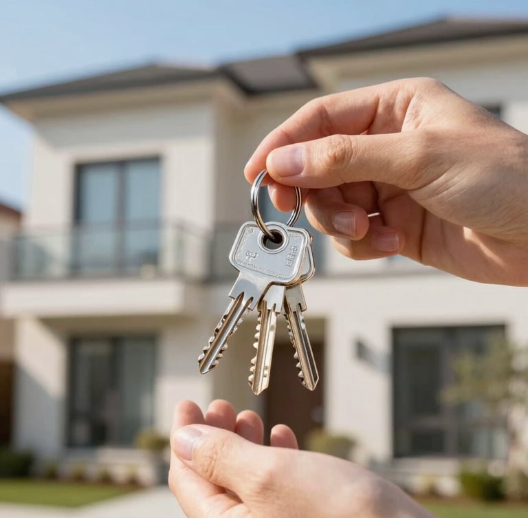 Close-up of hands holding a set of sleek modern house keys with a blurred contemporary home facade in the bright morning light background