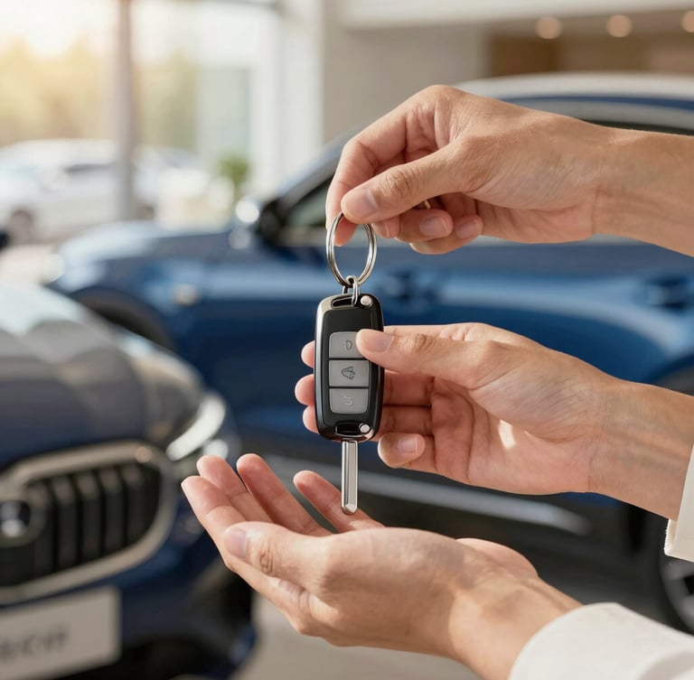 Close-up of hands receiving modern car keys in a bright, sunlit contemporary showroom, warm editorial photography, shallow depth of field, 35mm