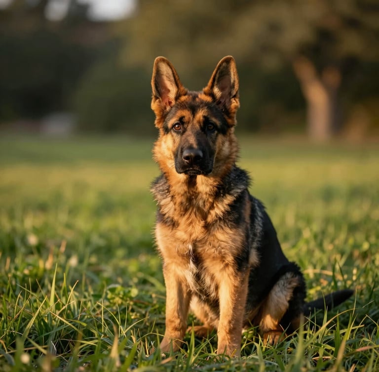 Close-up of a German Shepherd puppy sitting calmly in lush green grass, soft golden-hour sunlight filtering through trees, shallow depth of field, natural and serene