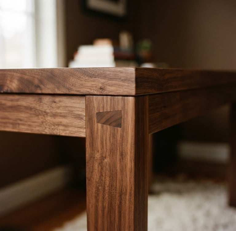Low-angle close-up of a solid walnut desk corner, showing continuous grain and mortise-and-tenon joinery, soft directional window light, medium format film.