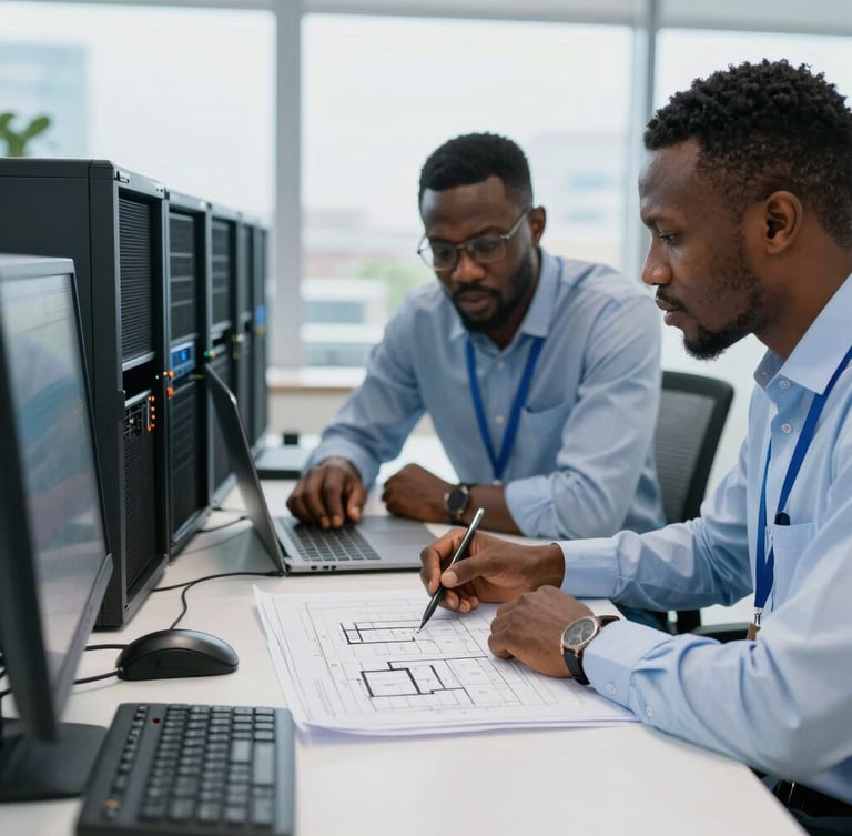 Local Nigerian network engineers collaborating over architectural blueprints in a bright, modern corporate office in Ibadan, tools and server components visible on the table, professional 35mm.