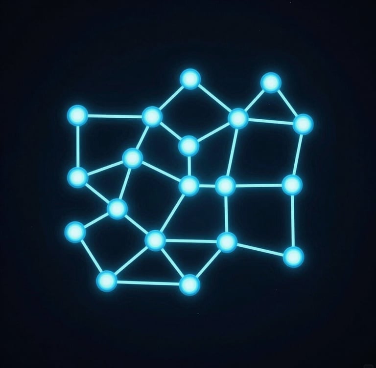 Abstract node-based workflow diagram with glowing cyan connections on a deep midnight background, sharp high-contrast studio lighting, modern tech aesthetic.
