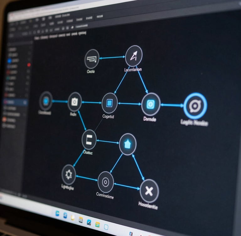 Extreme close-up of a clean computer screen displaying a logical node-based workflow diagram with glowing blue connections, dark background, sharp focus.