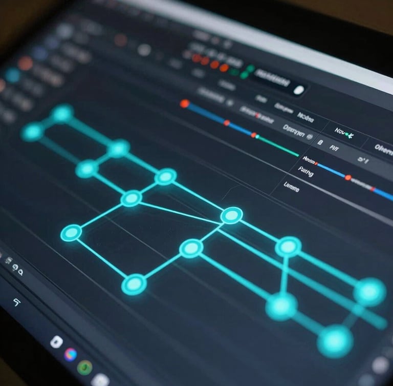 Extreme close-up of a modern node-based workflow interface with glowing cyan lines connecting logical steps, dark background, technical precision