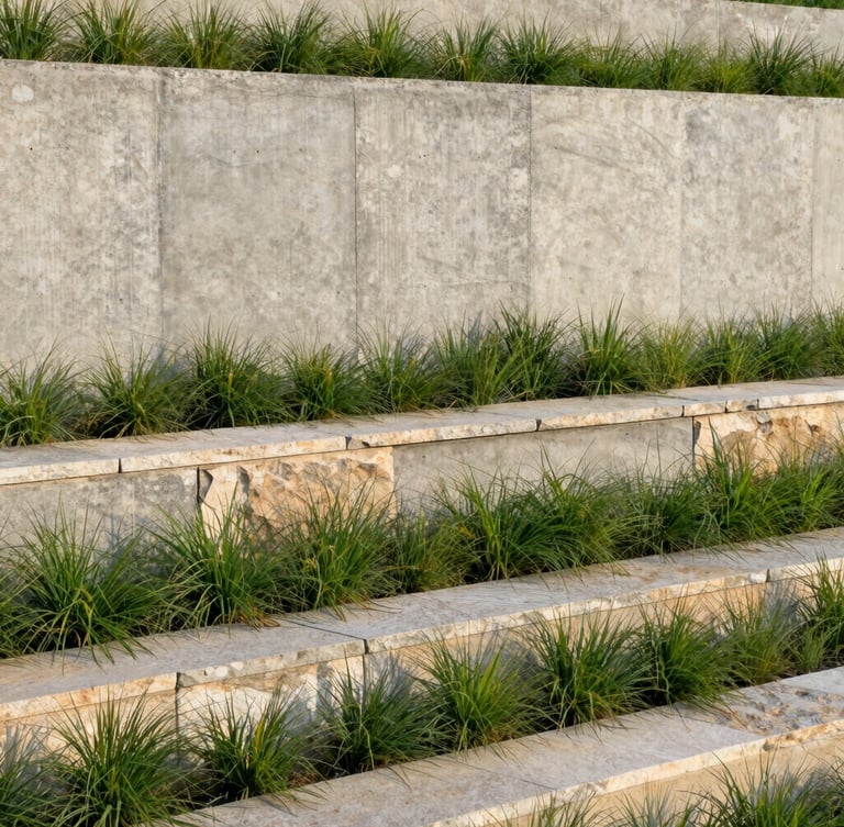 Close-up of a massive board-formed concrete retaining wall meeting structured limestone steps, native grasses planted in the crevices, crisp morning light