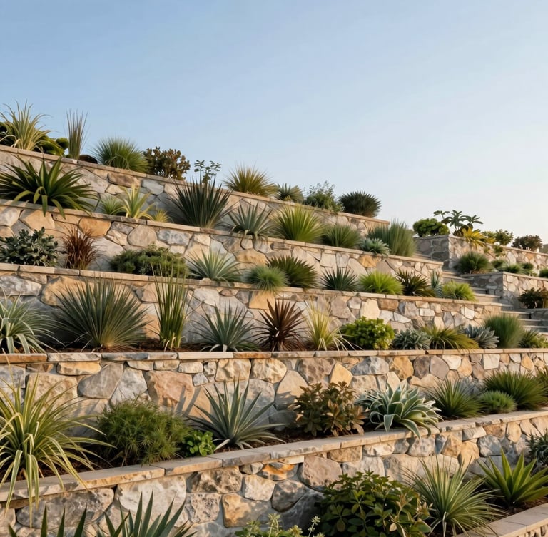 Wide-angle architectural shot of a massive engineered stone retaining wall with integrated native plantings, crisp morning light