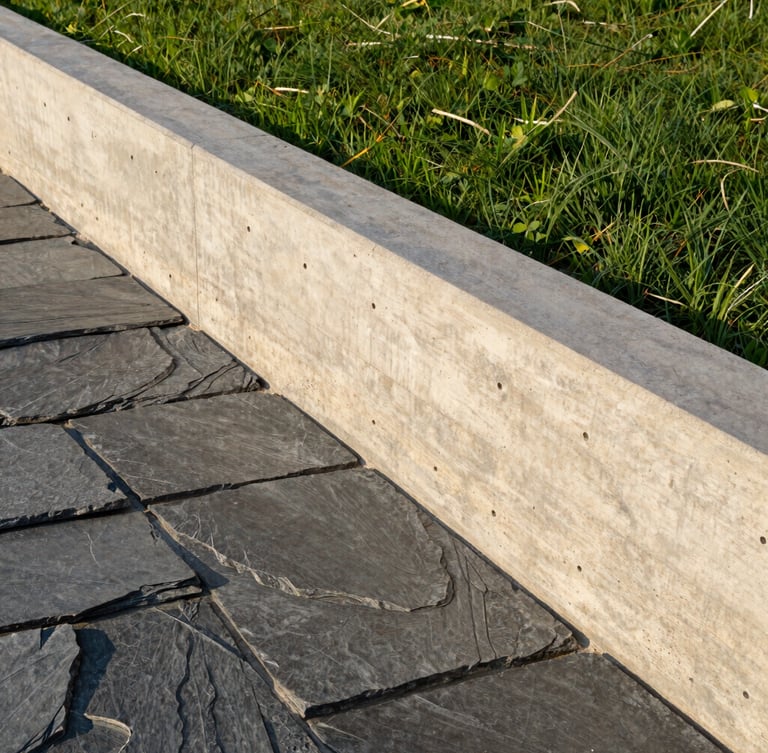 Close-up of a sharp, modern concrete retaining wall meeting natural slate stone, crisp afternoon golden hour light, high contrast