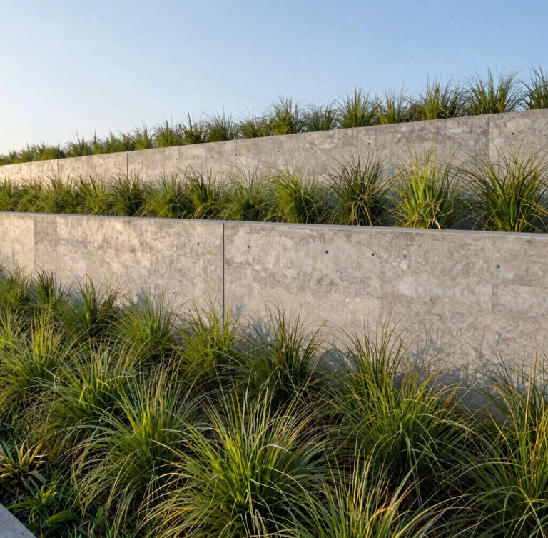 Wide-angle architectural landscape photography of a modern concrete retaining wall integrated with native grasses, crisp morning sunlight, slate gray stone textures