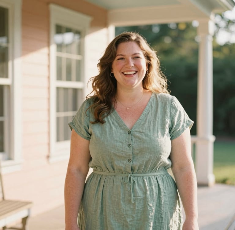 Warm sun-drenched outdoor portrait of a laughing plus-size woman in a sage green linen dress, standing near a classic Southern veranda