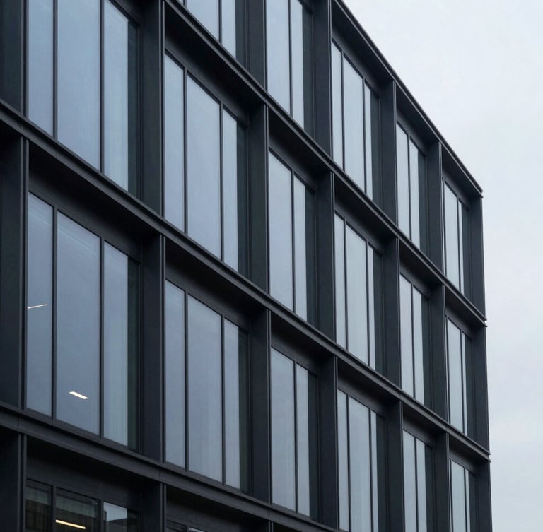 Architectural crop of a modern corporate office facade, steel and glass geometry, cool overcast daylight, 35mm