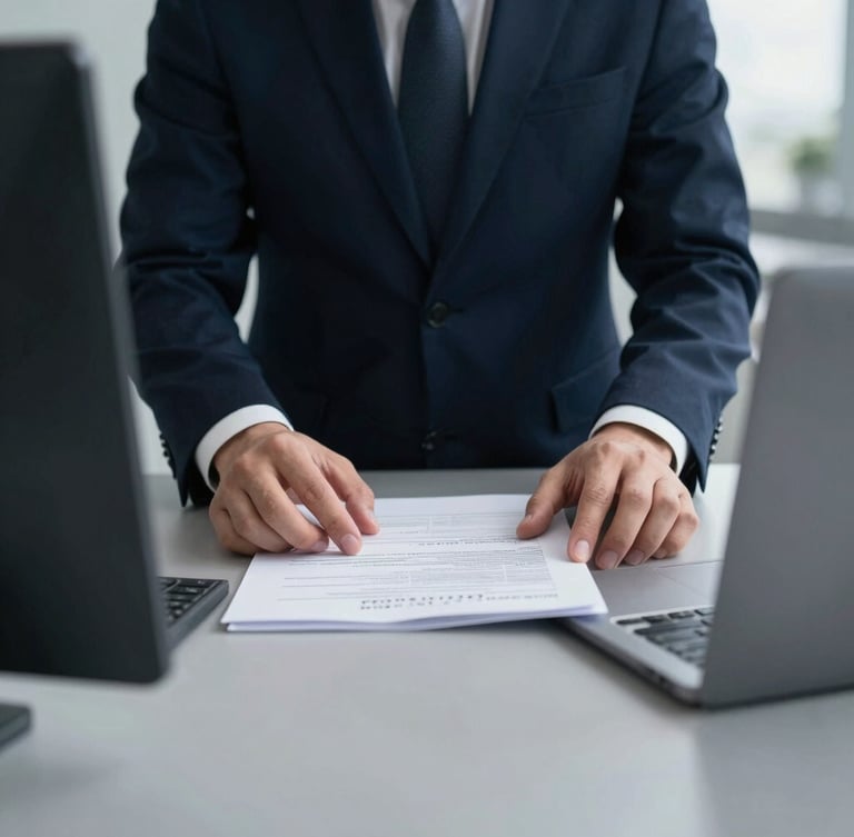 Close-up of professional hands reviewing technical customs documents on a clean slate table, cool overcast daylight, deep navy tones, architectural framing, 35mm