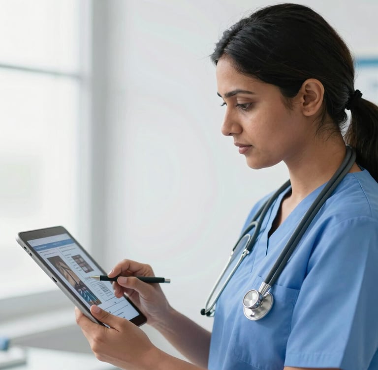 A medium close-up of a focused Indian female doctor in clinical scrubs reviewing digital patient charts on a tablet, bright natural hospital light, clean professional tones, 35mm lens.