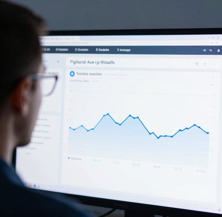 Medium close-up of a financial advisor collaborating over a clean digital dashboard with cool blue studio lighting, sharp focus, 35mm