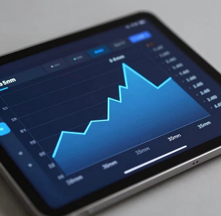 A close-up of a sleek dark-mode financial interface on a tablet, glowing blue charts, sharp focus, cool studio lighting, 35mm.