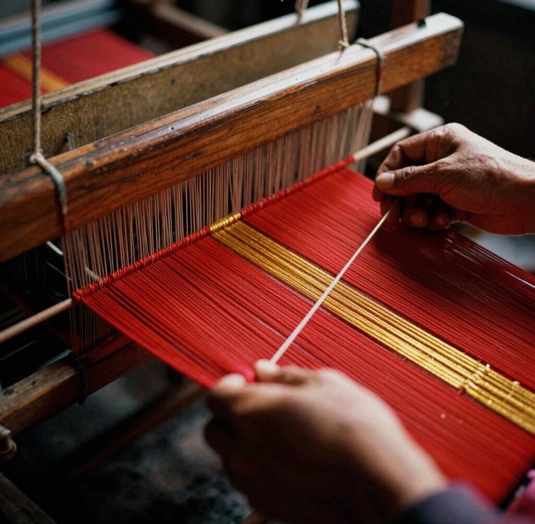 Close-up of hands weaving traditional red and gold thread on a wooden loom, warm dramatic lighting, 35mm film grain