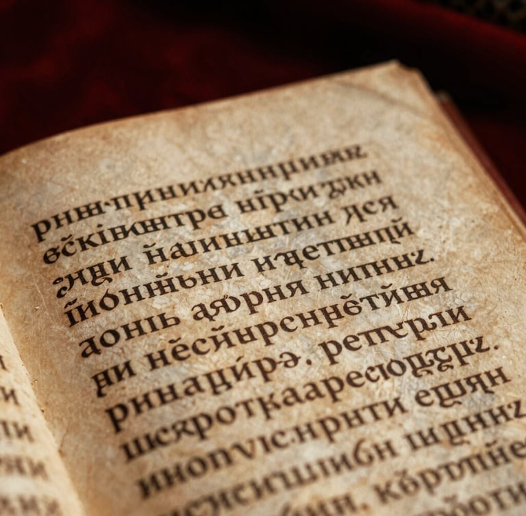 Extreme close-up of historical Macedonian manuscript with Cyrillic text, dramatic side lighting, high-contrast, 35mm film grain