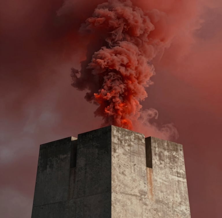 Raw unpolished video frame showing dramatic smoke rising over a concrete brutalist monument, harsh lighting, red tones