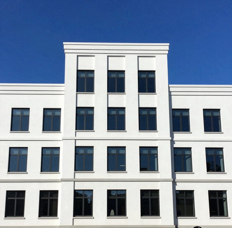 Straight-on architectural shot of a clean modern commercial building, bright midday sun, deep blue sky, professional soft-wash rig visible in the lower right third, 35mm.