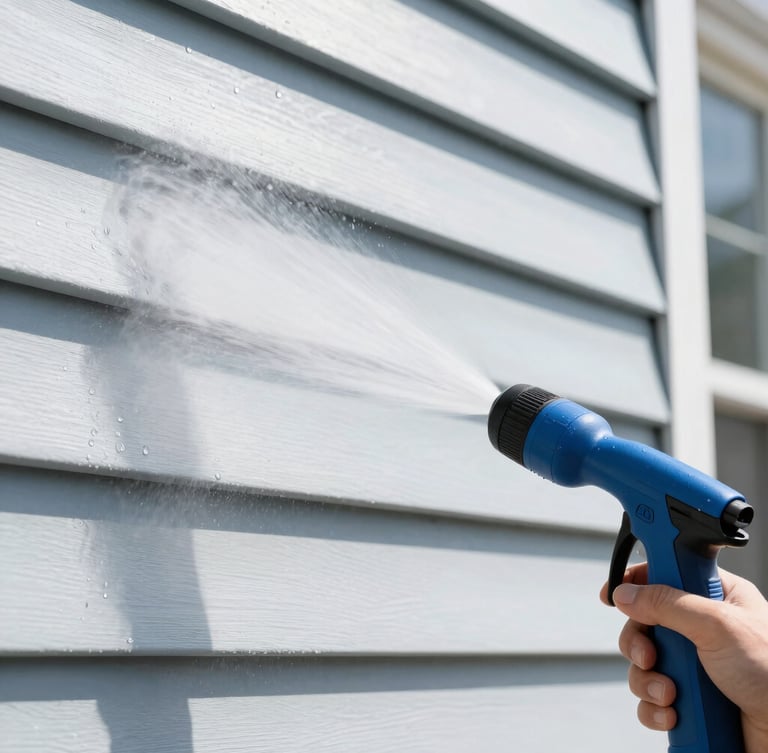 Close-up of a professional soft-wash nozzle spraying a gentle mist onto clean home siding, water droplets catching crisp midday sun, sharp focus, 35mm