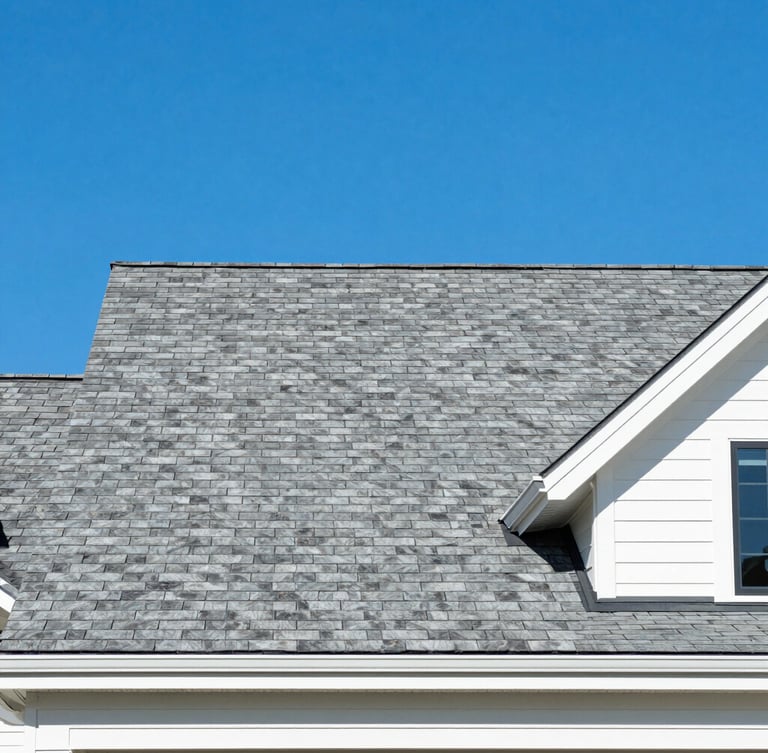 Straight-on architectural shot of a pristine shingle roof on a modern mountain home in Asheville, bright midday sun, deep blue sky, clean lines