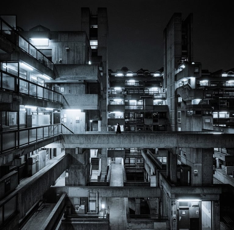 Wide panoramic view of a monolithic concrete brutalist structure under harsh, cold fluorescent lighting, emphasizing scale, sharp technical focus, 35mm.