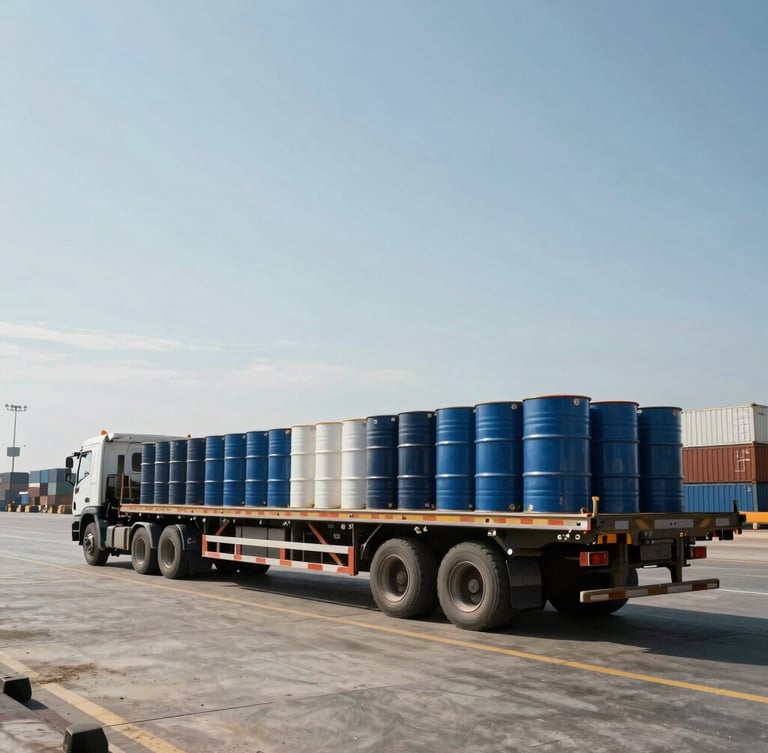 Wide-angle environmental shot of active port logistics at Nhava Sheva, high-contrast midday sun, flatbed trucks loaded with industrial drums, clean composition with negative space.