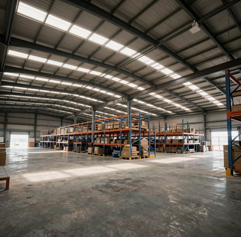 Wide environmental view of a clean, organized industrial warehouse interior in Nhava Sheva, high-contrast midday light streaming through overhead skylights, steel racking visible.