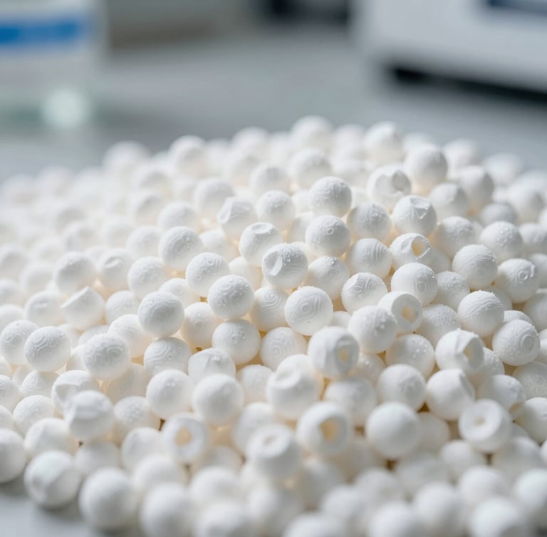 Extreme close-up of clean, white polymer pellets in a laboratory setting, bright industrial lighting, sharp focus on raw material texture.
