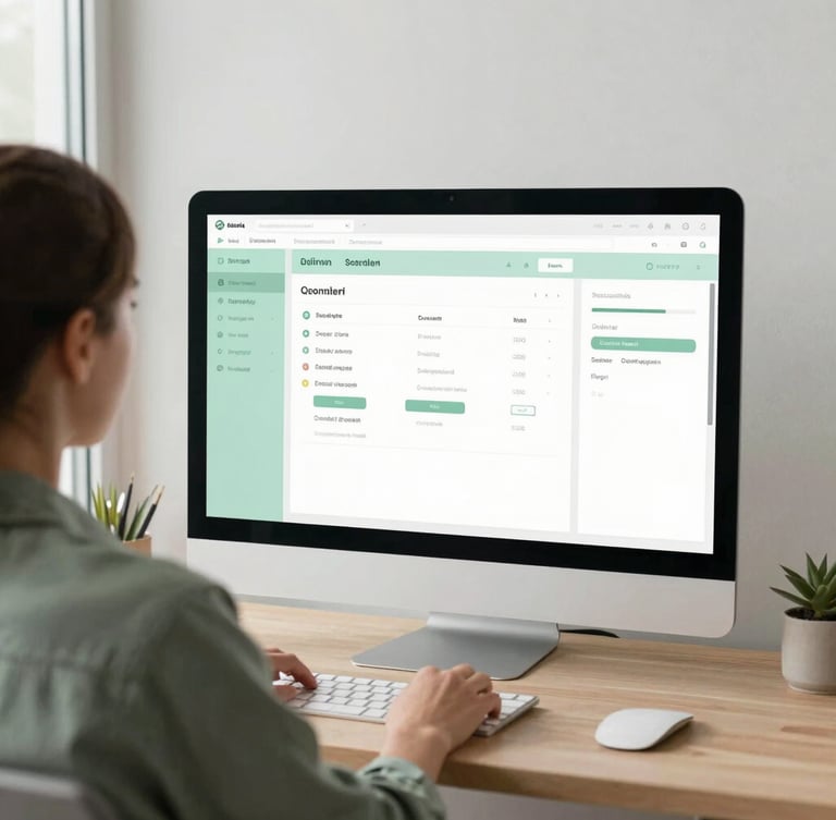 Over-the-shoulder shot of a relaxed business owner looking at a clean, minimalist software dashboard with soft sage green accents under bright natural daylight.