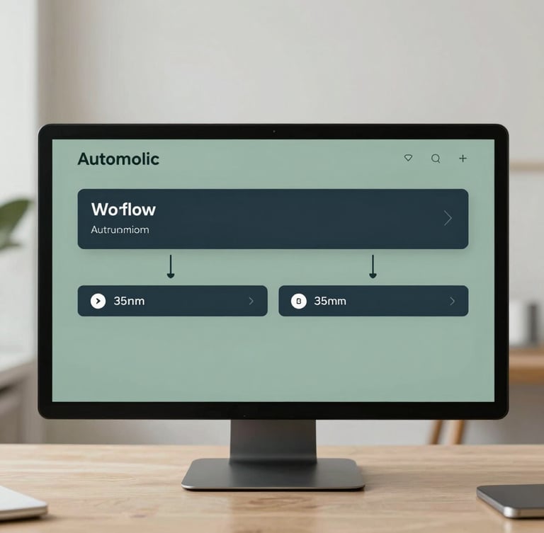 A clean, simplified software interface showing automated workflow steps, minimalist layout, soft sage and deep slate tones, soft natural daylight, 35mm lens.