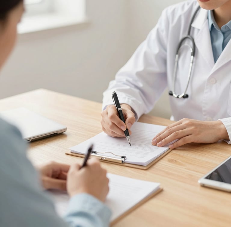 Warm editorial portrait of two therapists discussing notes over a wooden table, soft diffused natural light, gentle pastel tones, focus on hands holding a pen, shallow depth of field