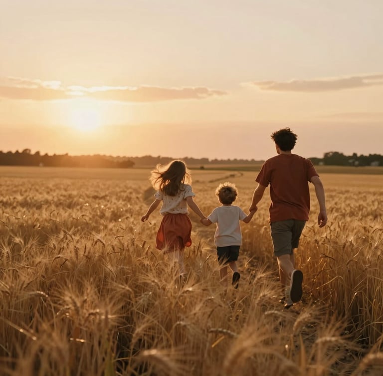 Cinematic wide shot of a young family running through a golden wheat field at sunset, warm backlighting, soft natural sun flares, nostalgic 35mm film aesthetic