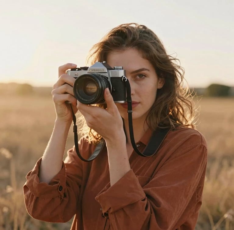 A candid portrait of a female lifestyle photographer with a vintage camera, warm golden-hour backlighting, soft sun flares, natural outdoor setting with dry grass.