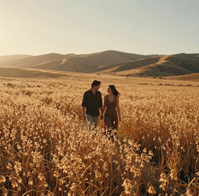 Cinematic wide shot of a couple walking through a sun-drenched wild oat field in Northern California, warm golden backlighting, 35mm film look