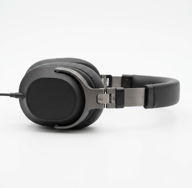Fotografía de estudio de los auriculares H1, vista lateral, sobre un fondo blanco, iluminación neutra, enfoque nítido, matte textures, sharp focus, high technical detail, 50mm.
