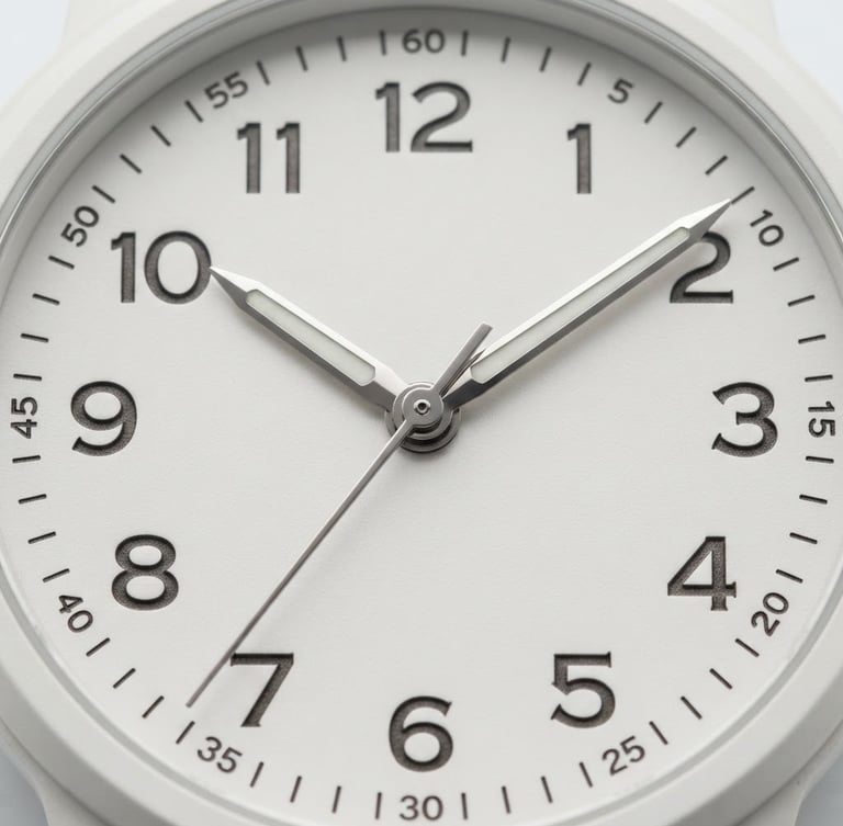 Fotografía macro de la esfera del reloj T1, enfoque nítido en los índices grabados con láser y las agujas, luz de estudio neutra, fondo blanco. 50mm.