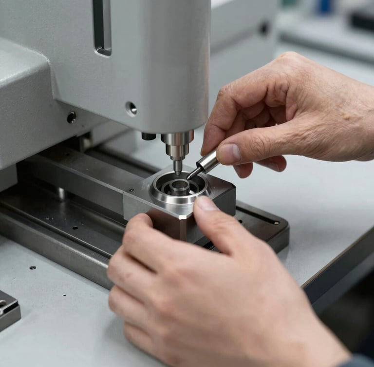 Diseñador industrial trabajando en un prototipo fresado CNC en un taller, iluminación de estudio neutra, enfoque nítido en las manos y la pieza, texturas mate, 50mm.