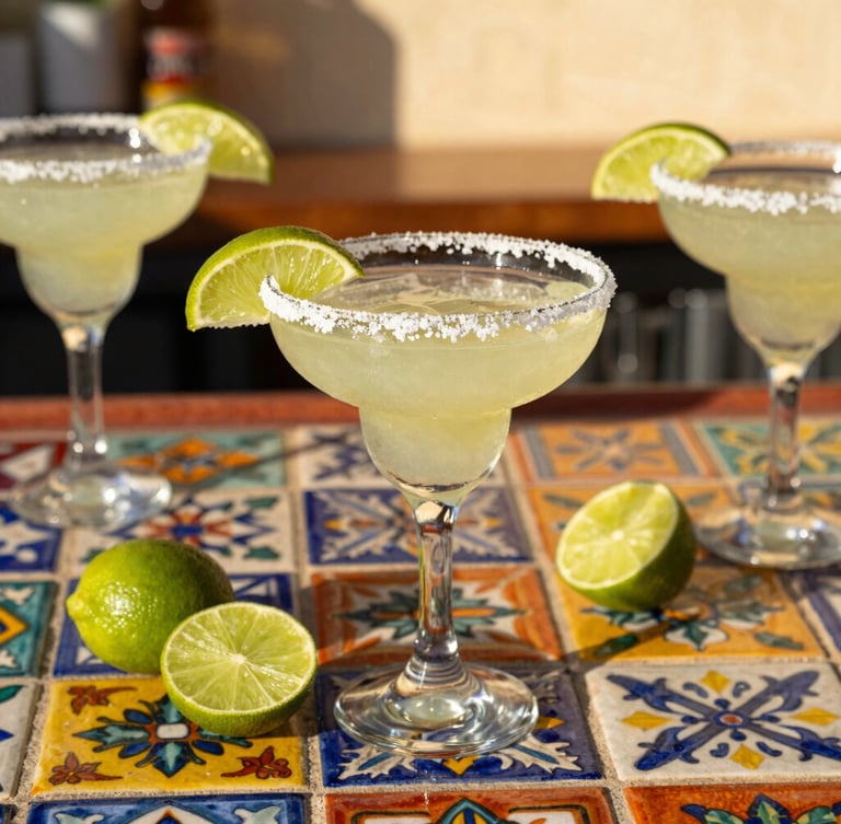 Vibrant close-up of a Mexican margarita bar in Los Cabos, colorful Talavera tiles, fresh limes, salt-rimmed glasses, warm golden-hour sunlight casting soft shadows