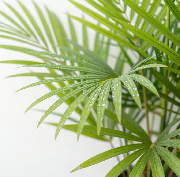 Bright morning botanical photography, close-up of lush green native Florida palm leaves with dew drops, soft natural daylight, shallow depth of field
