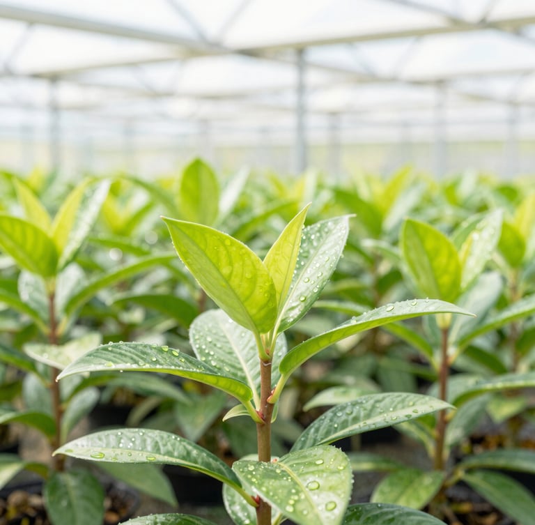 Bright botanical photography of sun-drenched native Florida saplings in a Lehigh Acres greenhouse, high-key morning light, vibrant green leaves with dew drops, 35mm