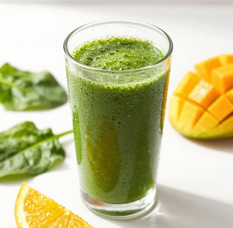 Bright, high-key close-up of a condensation-beaded glass filled with a vibrant green spinach-mango smoothie, fresh sliced citrus and leafy greens scattered on a clean white surface with morning sun.