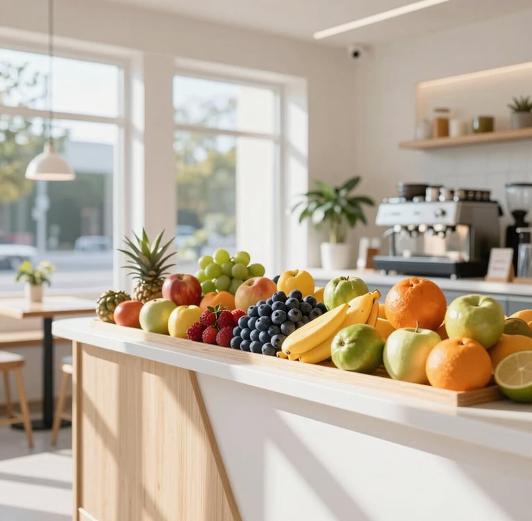 Bright environmental photo of a modern, clean micro-café interior with natural wood accents, sun streaming through large windows, and colorful fresh fruits displayed on a white counter.