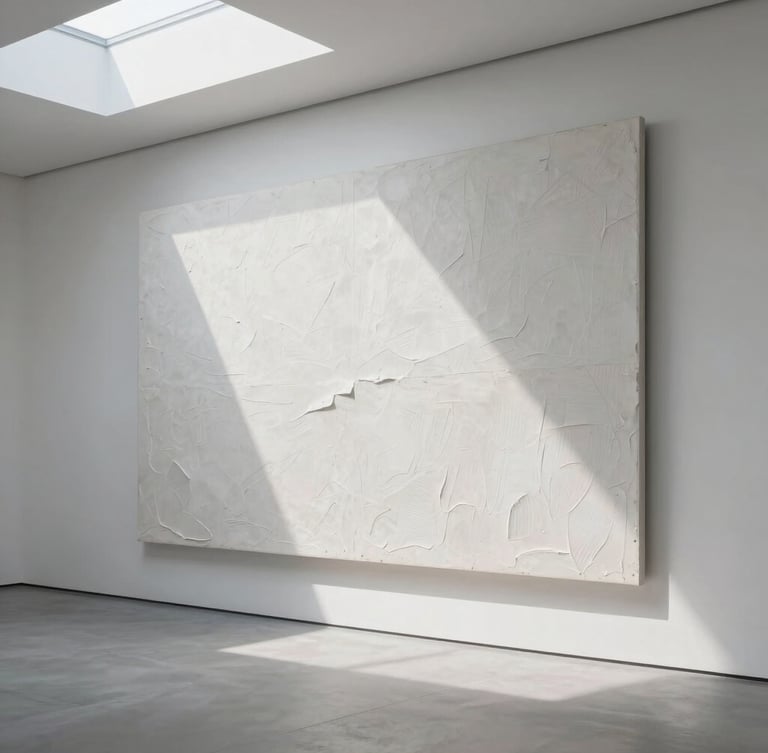 Extreme wide shot of a stark white contemporary European art gallery with a monumental textured canvas on the main wall, soft natural light from a skylight, deep shadows.